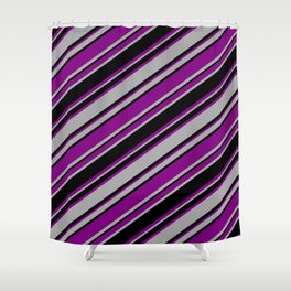 [ Thumbnail: Purple, Dark Gray & Black Colored Striped/Lined Pattern Shower Curtain ]