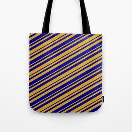 [ Thumbnail: Goldenrod & Dark Blue Colored Lined/Striped Pattern Tote Bag ]