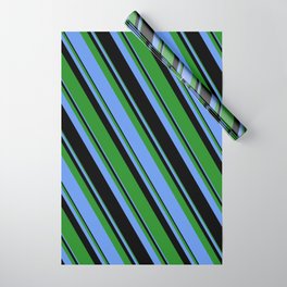 [ Thumbnail: Forest Green, Cornflower Blue & Black Colored Lines Pattern Wrapping Paper ]