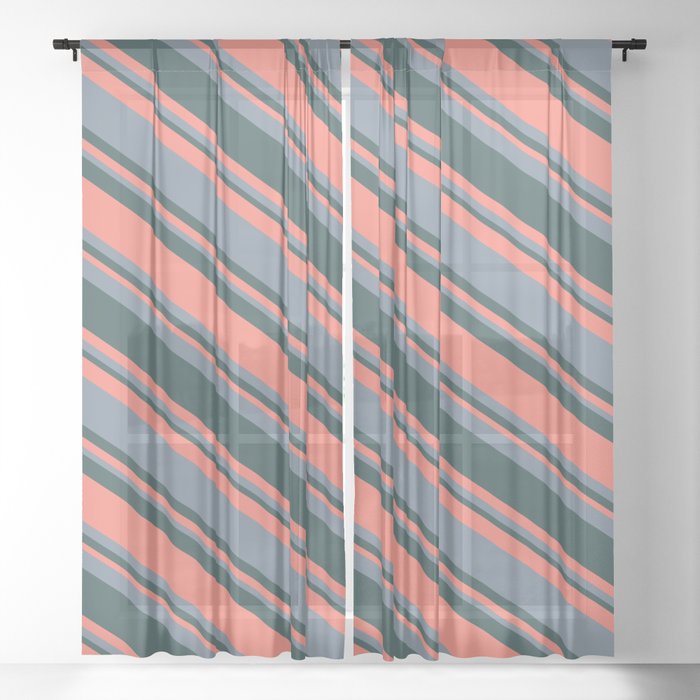 Dark Slate Gray, Salmon & Light Slate Gray Colored Stripes/Lines Pattern Sheer Curtain