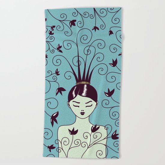 Strange Hair And Flowery Swirls Beach Towel