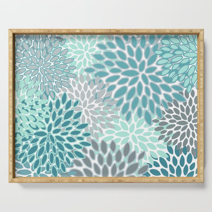 Modern, Floral Prints, Teal and Gray Serving Tray