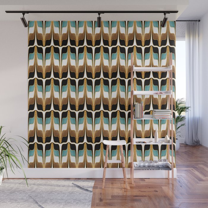 Mid Century Modern Liquid Watercolor Abstract // Gold, Ocean Blue (Teal), Brown, Black, White  Wall Mural
