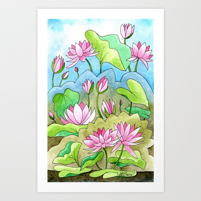 PINK WATER LILIES IN A LEAFY GREEN POND Art Print