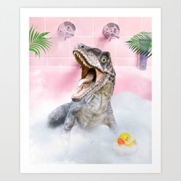Cute Self-Care Bathing Raptor Dinosaur Palm Bath Art Print