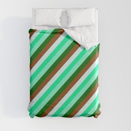 [ Thumbnail: Eyecatching Green, Aquamarine, Dark Green, Brown & Light Cyan Colored Stripes/Lines Pattern Duvet Cover ]