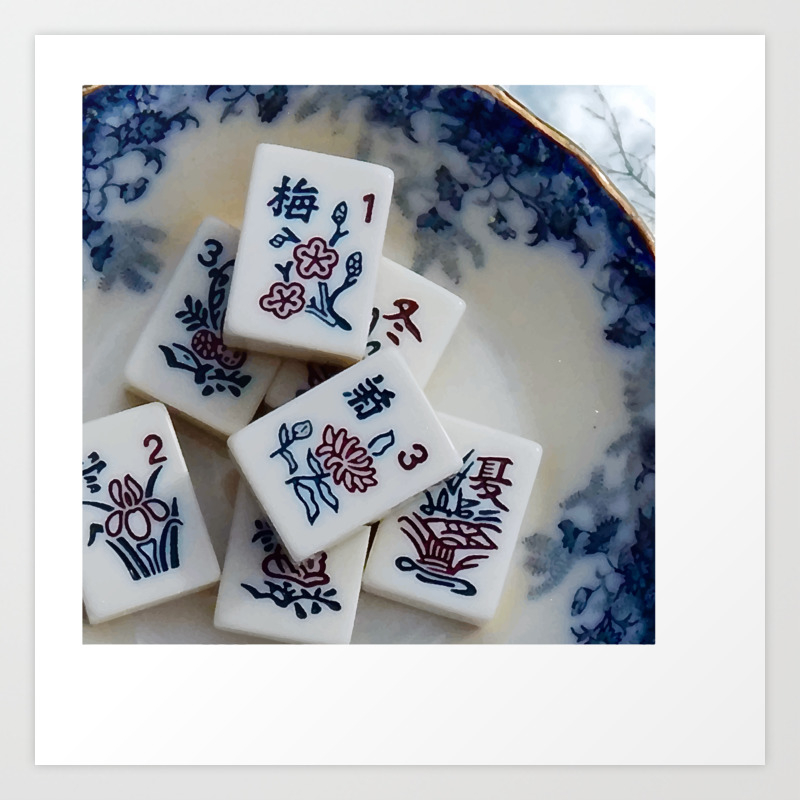 Microcomputer Oblong partition Blue Mahjong Still Life #1: Japanese flowers, porcelain, sky Art Print by  jmahjoan | Society6