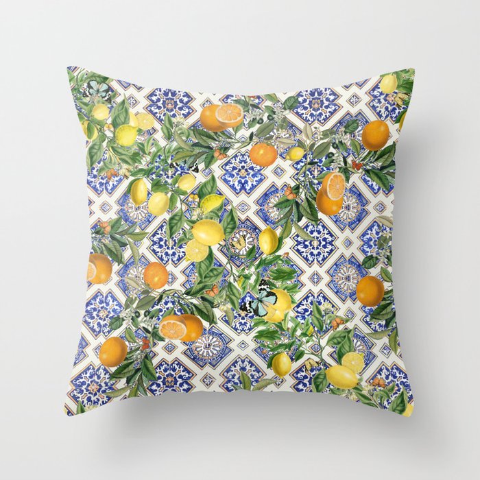 Sicilian Citrus, Mediterranean tiles & vintage lemons & orange fruit pattern Throw Pillow