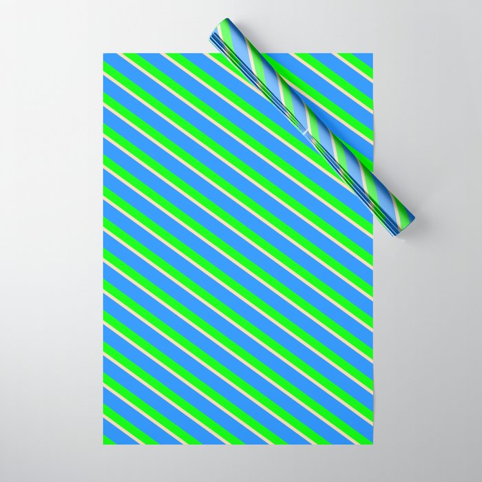 Blue, Lime, and Tan Colored Pattern of Stripes Wrapping Paper