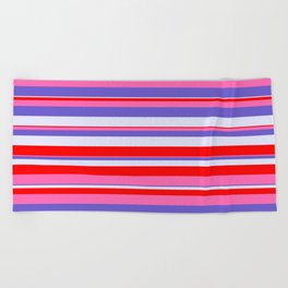 [ Thumbnail: Slate Blue, Lavender, Red & Hot Pink Colored Stripes/Lines Pattern Beach Towel ]
