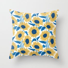 Sun-kissed sunflowers // white background yellow flowers bluebell blue leaves Throw Pillow