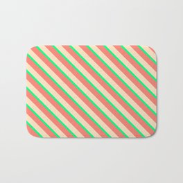 [ Thumbnail: Bisque, Green & Salmon Colored Striped Pattern Bath Mat ]