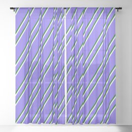 [ Thumbnail: Medium Slate Blue, Dark Green & Mint Cream Colored Lines/Stripes Pattern Sheer Curtain ]