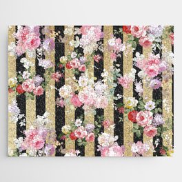 Vintage style pink red roses flowers black gold glitter stripes Jigsaw Puzzle