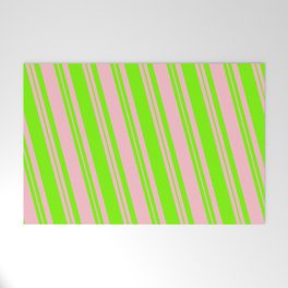 [ Thumbnail: Pink & Green Colored Lined/Striped Pattern Welcome Mat ]
