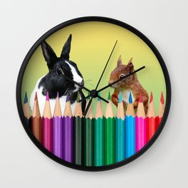 Colored Pencils - Squirrel & black and white Bunny - Rabbit Wall Clock | Coloredpencils, Eastern, Design, Collage, Pencil, Pets, Bunny, Childrendesign, Color, Squirrel 