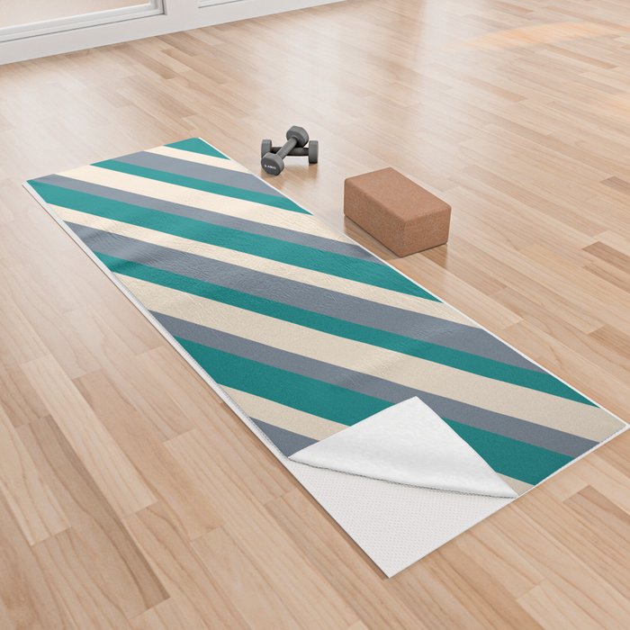 Beige, Slate Gray, and Teal Colored Lined/Striped Pattern Yoga Towel