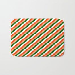 [ Thumbnail: Red, Light Salmon, Dark Green, and Mint Cream Colored Stripes/Lines Pattern Bath Mat ]