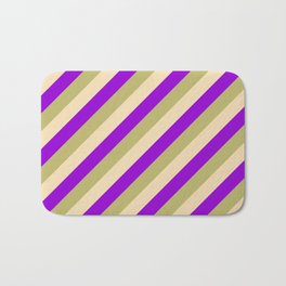 [ Thumbnail: Dark Khaki, Tan, and Dark Violet Colored Striped Pattern Bath Mat ]