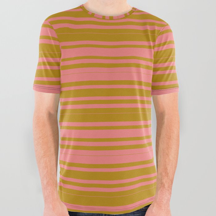 Dark Goldenrod & Light Coral Colored Pattern of Stripes All Over Graphic Tee