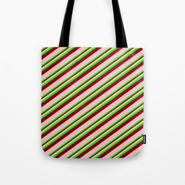 [ Thumbnail: Lime, Maroon, and Pink Colored Stripes/Lines Pattern Tote Bag ]