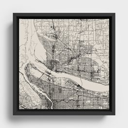 Vancouver, WA. USA - City Map Illustration - Black and White Aesthetic Framed Canvas