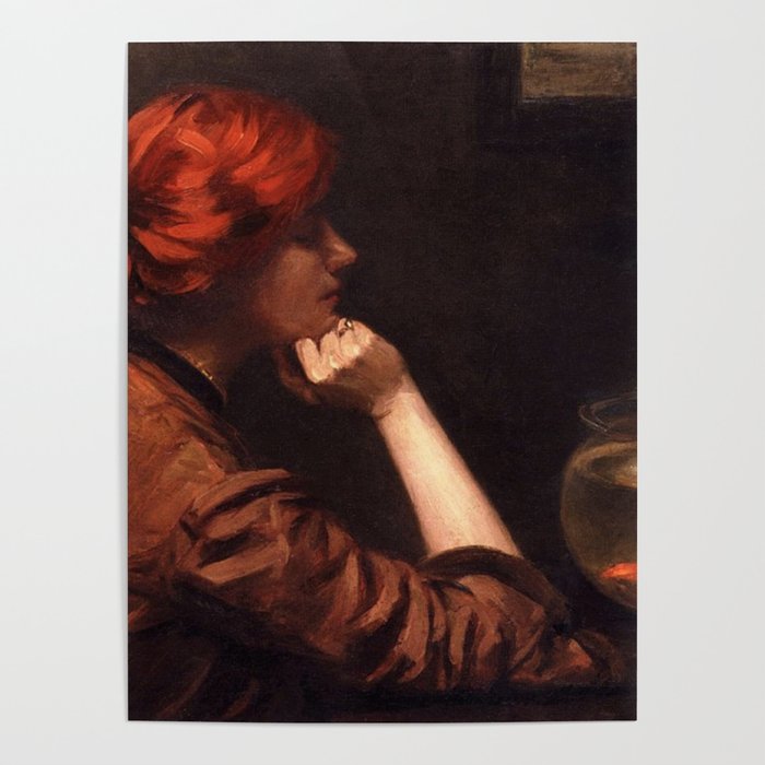 Thinking About the Kiss, Redhead with Goldfish in an Idle Moment female portrait by Alexander White Poster