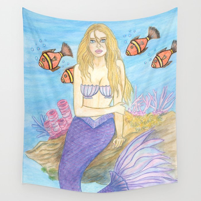 Mermaid Fantasy Art Watercolor Violet Wall Tapestry By Laurieleighart