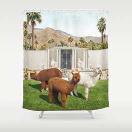 Liberace's House Shower Curtain | Palms, Fluffy, Cute, Alpaca, Animal, Architecture, Llama, Curated, Fun, Mountains 