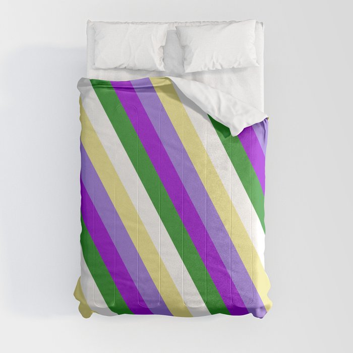 Colorful Tan, Purple, Dark Violet, Forest Green, and White Colored Stripes/Lines Pattern Comforter
