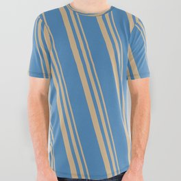 [ Thumbnail: Tan & Blue Colored Lines/Stripes Pattern All Over Graphic Tee ]