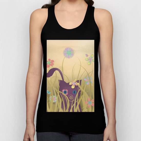 Wild Kitty Cat, Spring Blooming Flowers, Golden Beige Sky Unisex Tank Top
