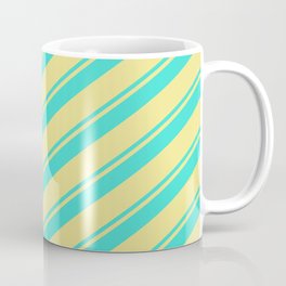 [ Thumbnail: Turquoise and Tan Colored Lined/Striped Pattern Coffee Mug ]