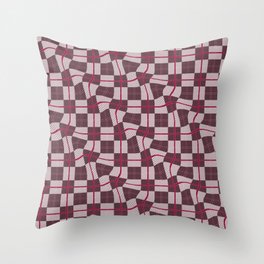 Wine Red Warped Checkerboard Grid Illustration Throw Pillow