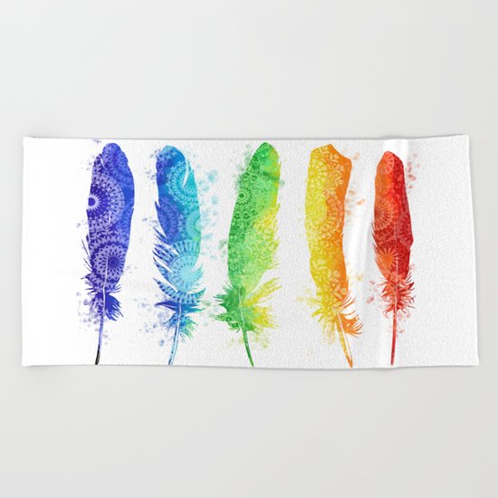 rainbow mandala feathers Beach Towel
