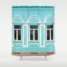  Old city, Prettily suburban town. Architectural details and decoration of the vintage stucco facade framing the windows - console, protome, mascaron, capital, pilasters, wreaths, relief and other.  Shower Curtain