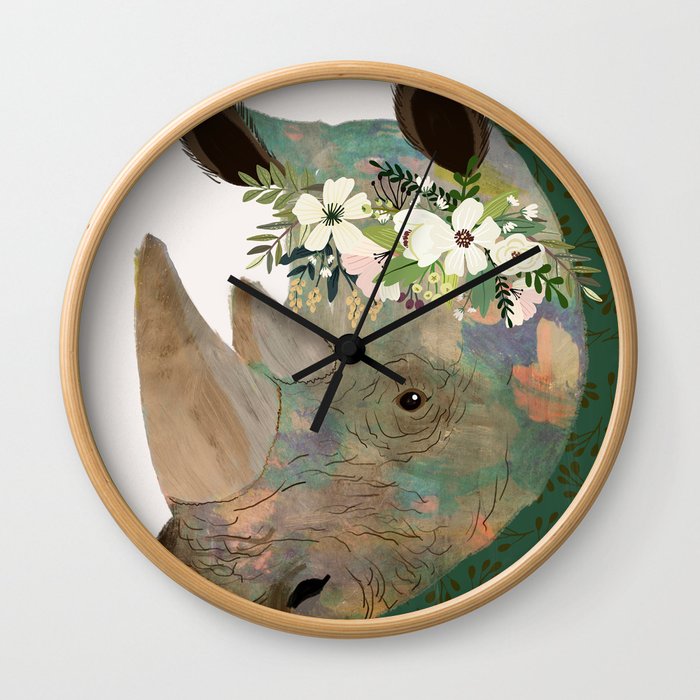 Rhino with flowers on head Wall Clock