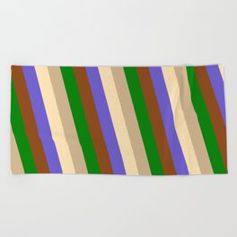 [ Thumbnail: Eye-catching Brown, Green, Tan, Beige & Slate Blue Colored Pattern of Stripes Beach Towel ]
