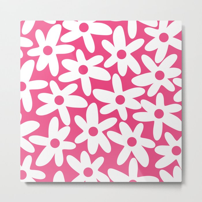 Daisy Time Retro Floral Pattern Preppy Pink and White Metal Print