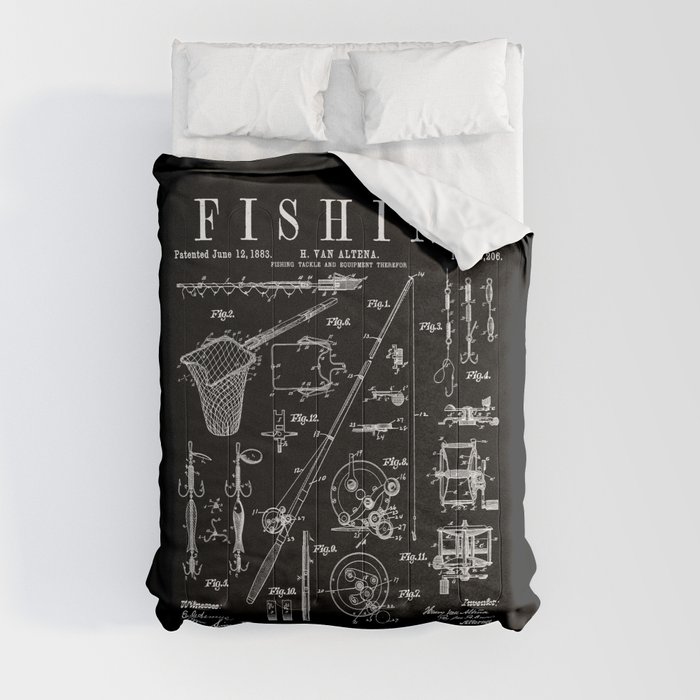 Fishing Rod Tackle Reel Lure Fisherman Vintage Patent Print Comforter by  GrandeDuc