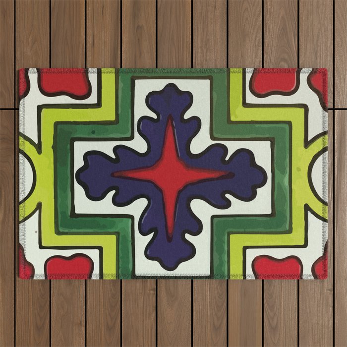 Modern pattern cross mexican tile colorful leaves design Outdoor Rug