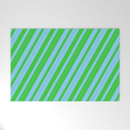 [ Thumbnail: Light Sky Blue & Lime Green Colored Lines Pattern Welcome Mat ]