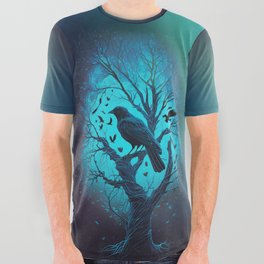  2023 Latest Design Men Fitting Wholesale, Silhouette of a dark tree with a crow on it All Over Graphic Tee