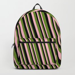 [ Thumbnail: Green, Pink, and Black Colored Striped Pattern Backpack ]