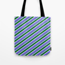 [ Thumbnail: Lavender, Medium Slate Blue & Green Colored Lines Pattern Tote Bag ]