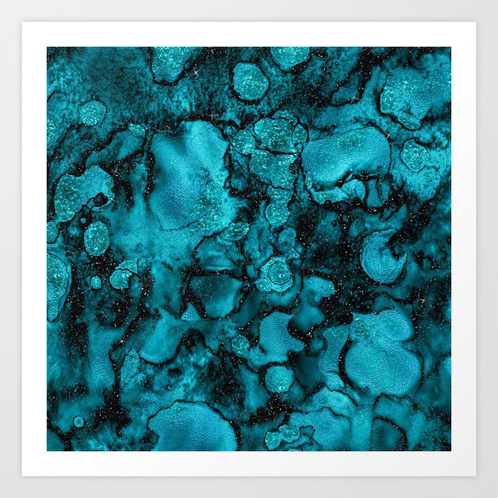 Blue Gemstone and Ink Malachite Glitter Marble Art Print