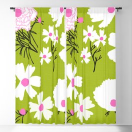 Retro Modern Spring Flowers On Green Blackout Curtain