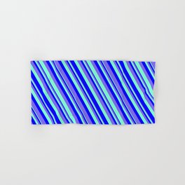 [ Thumbnail: Blue, Medium Slate Blue & Aquamarine Colored Pattern of Stripes Hand & Bath Towel ]