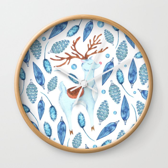 Christmas deer and vintage toys on white Wall Clock