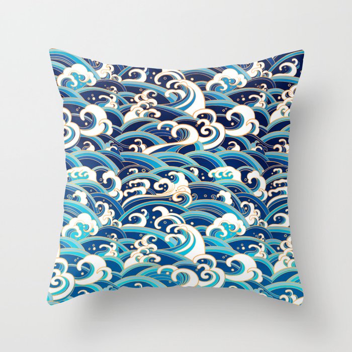 Blue Japanese Waves, Ocean Surf Design, Kimono-Style Pattern Throw Pillow